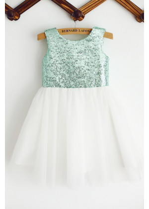 Mint Sequin Ivory Tulle Knee Length Sparkly Flower Girl Dress